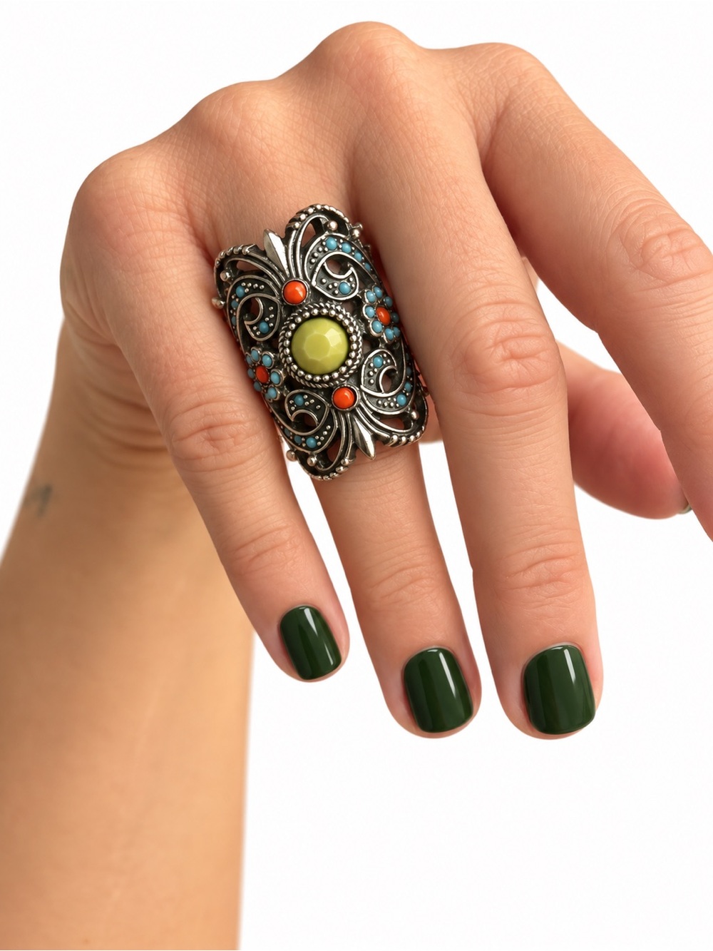 Bohemian Silver Filigree Ring with Green and Coral Accents